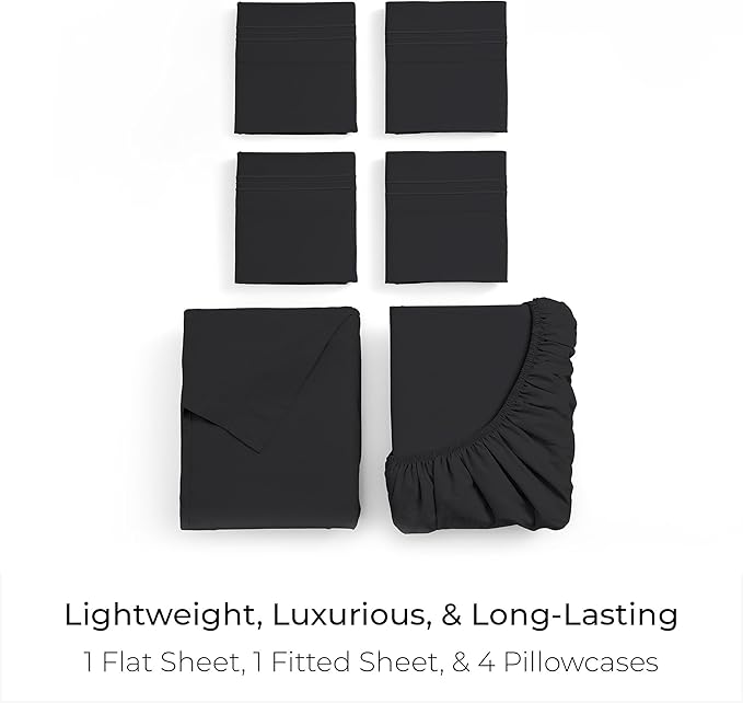 Mellanni King Sheet Set - 6-Piece Iconic Collection Bedding, (Including 4 Pillowcases), 21-Inch Extra Deep Pocket, Easy Care, Ultra Soft, Cooling Sheets, Brushed Microfiber - Black