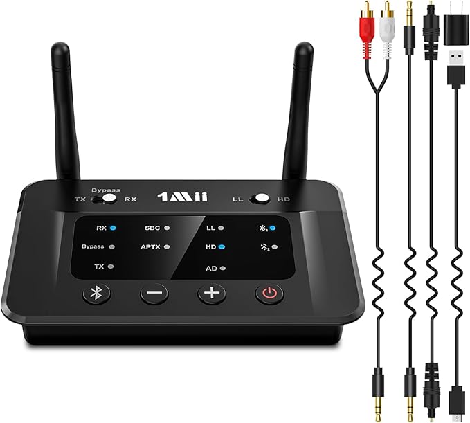 1Mii B03 Bluetooth 5.3 Transmitter Receiver for TV Home Stereo BT Headphones, aptX Low Latency/Adaptive/HD Bluetooth Audio Adapter, Splitter for Wired & Wireless, Optical RCA AUX 3.5mm Inputs/Outputs