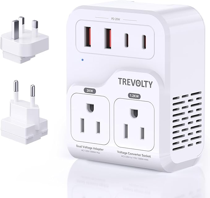 2000W Voltage Converter US to Europe for Hair Dryers, 7-in-1 220V to 110V Converter for European Travel with 3 AC/2 USBA/2 USBC Ports (PD20W), Universal Travel Adapter with Type C G Plug (White)