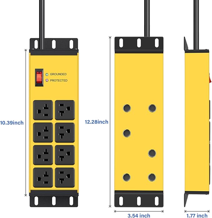 CCCEI 2PCS Heavy Duty Power Strip Surge Protector 20 AMP, 8 Outlets 12 Gauge Shop Garage Metal Multiple Outlets, 4 FT Extension Cord 5-15P Adapter High Amp 6-20R T-Slot 20a for Appliance Yellow.