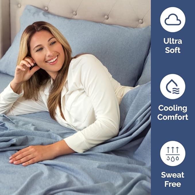 Split Head King Sheet Set – 4 Piece Flex Split Top King Sheets for Adjustable Beds - Fits 14” to 16" Mattress w/ Deep Pockets - Breathable & Cooling - Luxury Bedding and Wrinkle Free - Heathered Blue