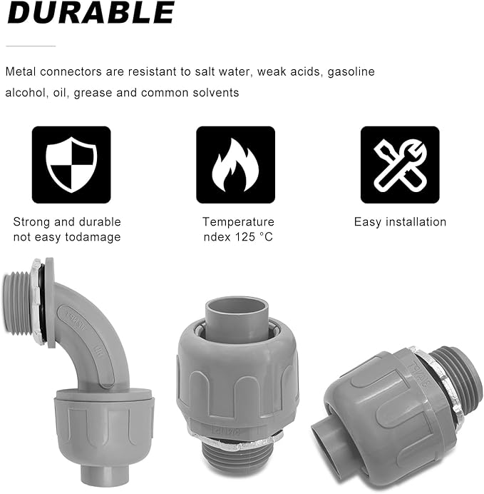 Wocloer 3/4 inch Liquid Tight Connector PVC Flexible Conduit Connector Kit,UL Listed,180 Degree and 90 Degree Connector Fittings 20 Pack(10 Pcs 180D/10 Pcs 90D)