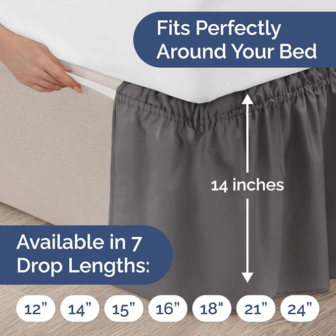 Wrap Around Dust Ruffle Bed Skirt - Dark Grey - for Full Size Beds w/ 14 Inch Drop - Easy Fit Elastic Strap - Adjustable Pleated Bedskirt with Brushed Fabric, Wrinkle Free Women, Men, Kids and Teens