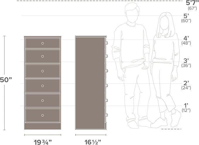 Prepac Astrid Simplistic 6-Drawer Tall Dresser for Bedroom, Functional Chest of Drawers with Acrylic Knobs, 16.5"D x 19.75"W x 50"H, Crystal White