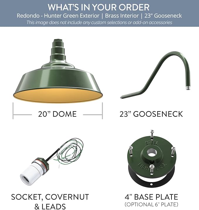 Steel Lighting Co. Large Outdoor Barn Light | Gooseneck Light Fixture | Made in America from 18-Gauge Steel | 20" Dome | 23" Gooseneck Hunter Green Exterior/Brass Interior