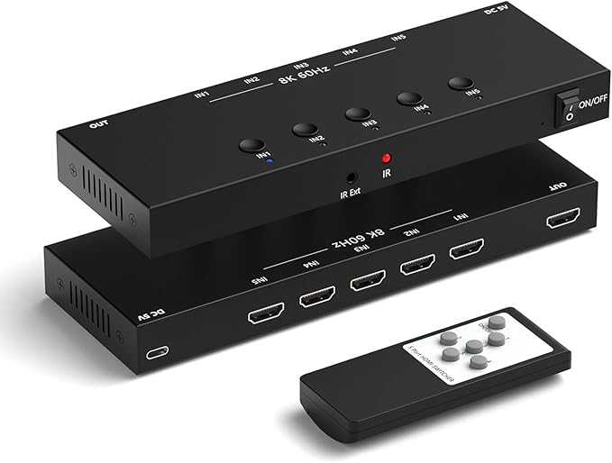 RuiPuo 5Port HDMI Switcher 8K@60Hz 5In 1Out HDMI Selector with IR Remote Supports Full HD 4K/1080P/3D & HDCP2.2 for Switch,Xbox,PS4/PS5,Fire Stick,Roku,Apple TV etc.