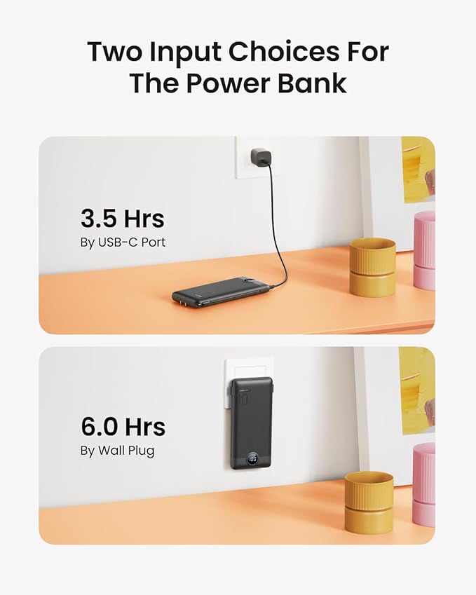 Coowisty Portable Charger with Wall Plug, Slim USB C Power Bank with Built-in Cables, 10000mah LED Display External Battery Pack Compatible with iPhone/Android & More (Black)