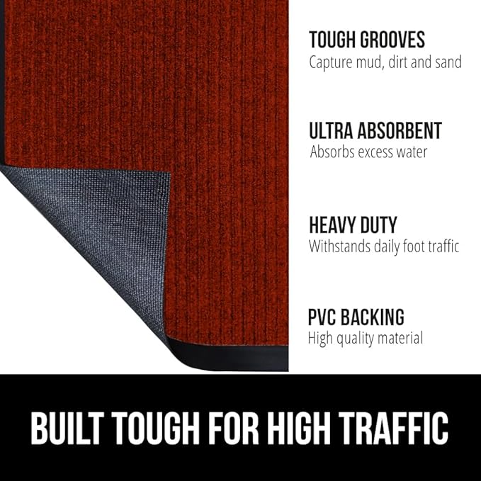GORILLA GRIP Waterproof Traffic Guard Door Mat, 47x35, Heavy Duty Entryway Mats, Strong Rubber Back Commercial Utility Rugs for Office Hallway, Garage Floor and Home, Low Profile Carpet Runner, Red