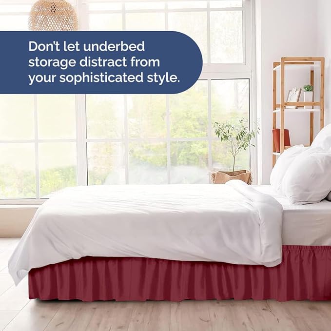 Wrap Around Dust Ruffle Bed Skirt - Burgundy - for Queen Size Beds with 18 Inch Drop - Elastic Strap - Adjustable Pleated Bedskirt with Brushed Fabric and Wrinkle Free - for Women, Men, Kids & Teens