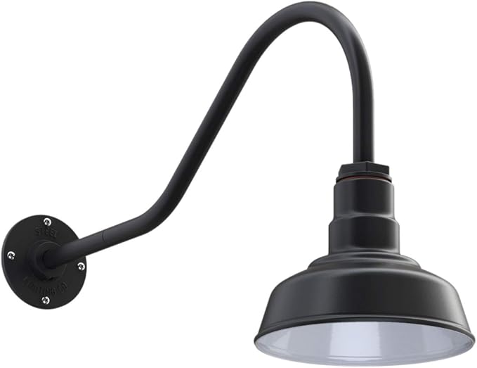 Steel Lighting Co. Hawthorne Barn Light | Outdoor Wall Mounted | 8 inch Dome | 23 inch Gooseneck| Small Farmhouse Light Made in America | Matte Black Exterior/White Interior
