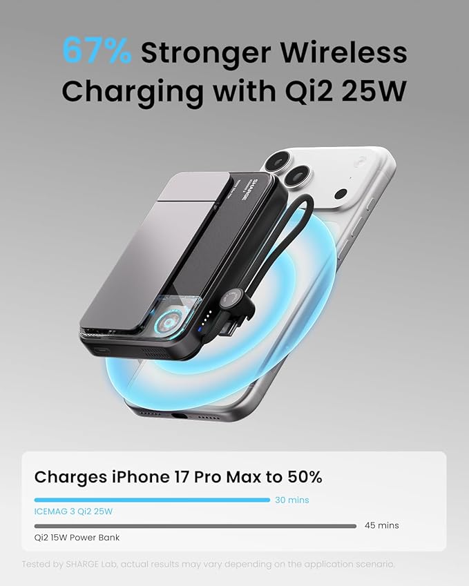 sharge ICEMAG 3 MagSafe Portable Charger, Qi2 25W Magnetic Power Bank 10000mAh with 35W Built-in Cable, Active Cooling& Foldable Stand, Transparent Design for iPhone 17/16 Series-White