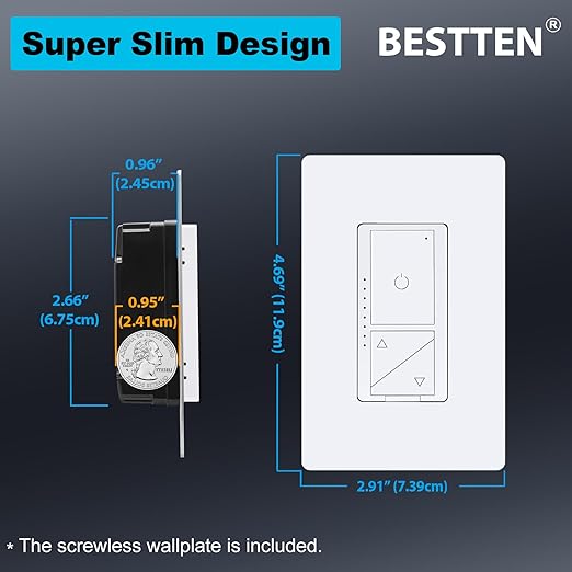 BESTTEN Super Slim Digital Led Dimmer Switch with Air Gap Power Cut Off Switch, 3 Button Control, Single Pole or 3 Way Dimmable Dimmer, Screwless Wallplate Included, ETL Listed, White
