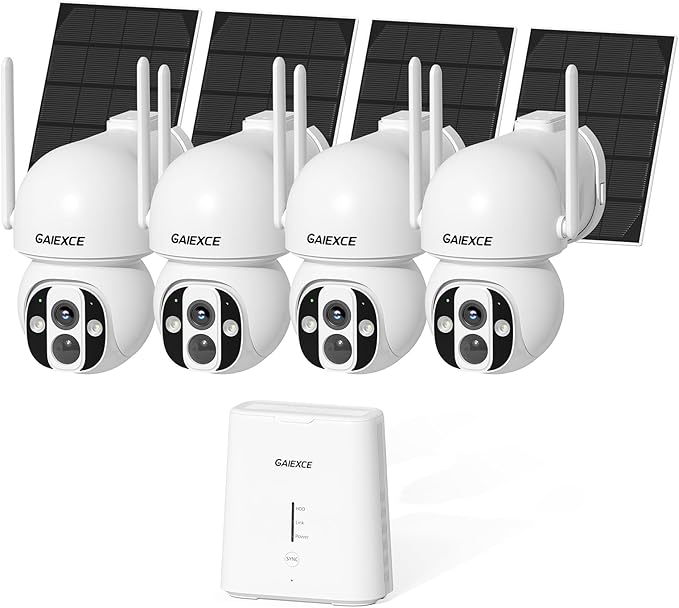 GAIEXCE Solar Home Security Camera System Wireless Outdoor, 4 Cam Kit with Base Station, No Subscription, Local Storage, Expandable 10CH, 2K 360° Pan Tilt, Color Night Vision, Works Offline, 2.4G/5G