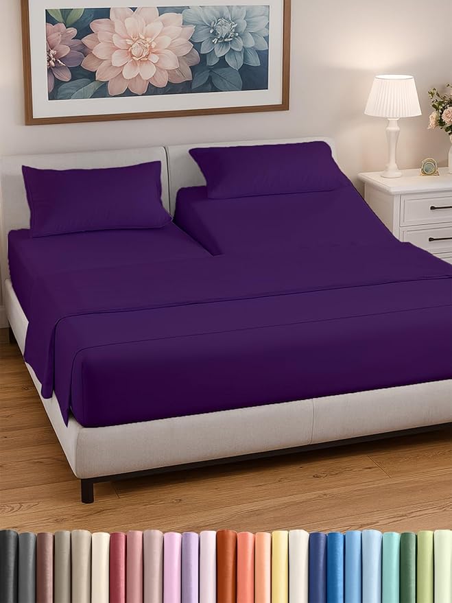 Split Head King Sheet Set – 4 Piece Flex Split Top King Sheets for Adjustable Beds - Fits 14” to 16" Mattress w/ Deep Pockets - Soft, Breathable & Cooling - Luxury Bedding and Wrinkle Free - Purple