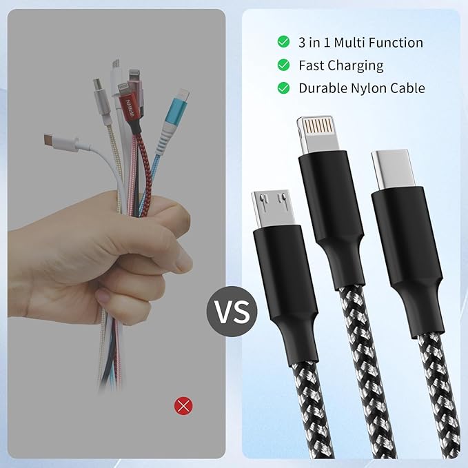 Firsting Multi Charging Cable,(2Pack 4FT) 3 in 1 Charging Cable for Multiple Devices, Nylon Braided Universal Charger Phone Charger Cord with Type-C,Micro USB,IP Port for iPhone16/15 Series/Phone&Pad