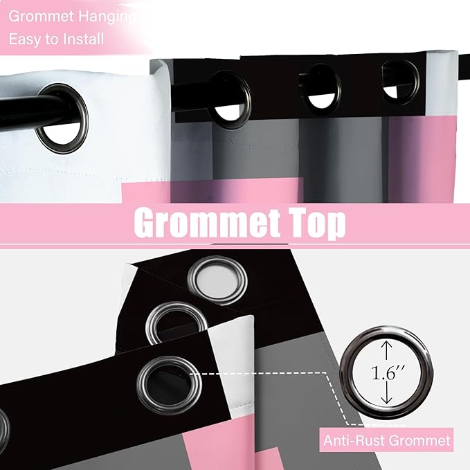 Pink 100% Blackout Curtains for Bedroom 72 inch Length 2 Panels Set Grey Modern Abstract Geometric Black Out Curtains Insulated Room Darkening Window Drapes for Living Room, 52Wx72L