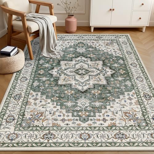 4x6 Area Rugs Living Room: Washable Rug for Bedroom Green Ivory - Image 2