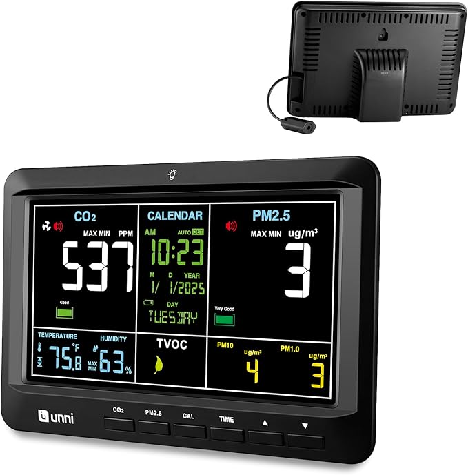 Air Quality Monitor Indoor 7" Display + Alerts, CO2 Monitor PM2.5 PM1.0 PM10 with TVOC Temperature Humidity Carbon Dioxide Detector for Home, Kitchen, Bedroom, Office, RV
