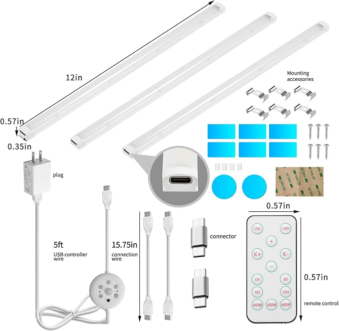 THLIFURE LED Cabinet Lights Bar with Motion Sensor, Dimmable Brightness and Color, Wireless Remote, Ultra Thin Strips Lighting Magnetic Mounting for Kitchen,Bookshelf,Closet 3Pack