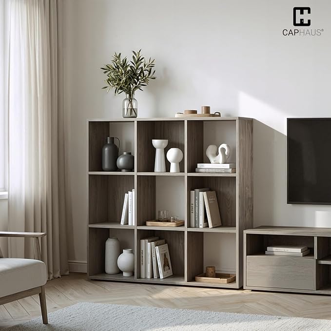 CAPHAUS Sturdy Room 11-Inch Cube Storage Organizer Shelf, with Thick Exterior Edge, Storage Shelf Divider w/Back, Bookcase, 9-Cube, Natural Oak