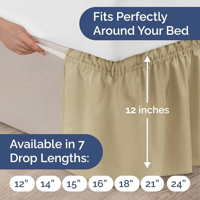 Wrap Around Dust Ruffle Bed Skirt - Beige - for Full Size Beds with 12 Inch Drop - Easy Fit Elastic Strap - Adjustable Pleated Bedskirt w/Brushed Fabric - Wrinkle Free - for Women, Men, Kids & Teens