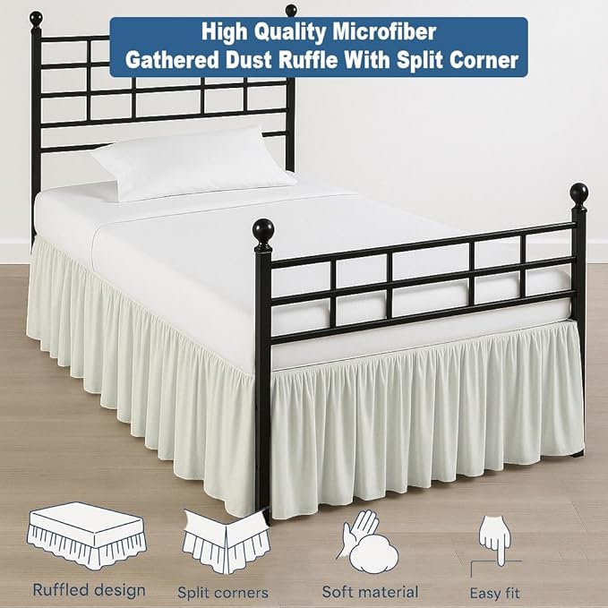 Ruffled Bed Skirt Split Corners with Platform, Tailored Fit Hotel Quality Wrinkle Free Ultra-Soft Microfiber Dust Ruffle, Upto 18 Inch Drop, Twin, Ivory