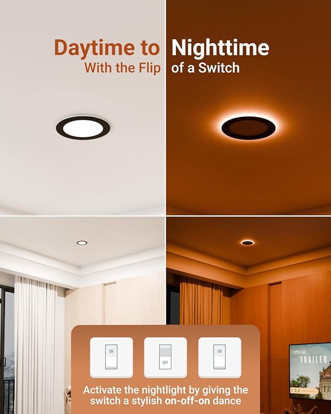 Sunco Black Recessed Lights 6 Inch LED, Canless with Night Light, Wafer Thin, 1500 Lumens, Selectable CCT 2700K/3000K/4000K/5000K/6000K, Dimmable, 12W, with Junction Box UL/ETL 4 Pack