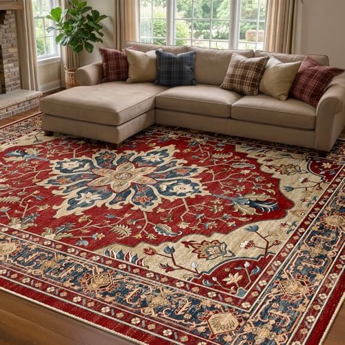 RELEANY Washable Area Rug, 7'x9', Red/Blue by RELEANY