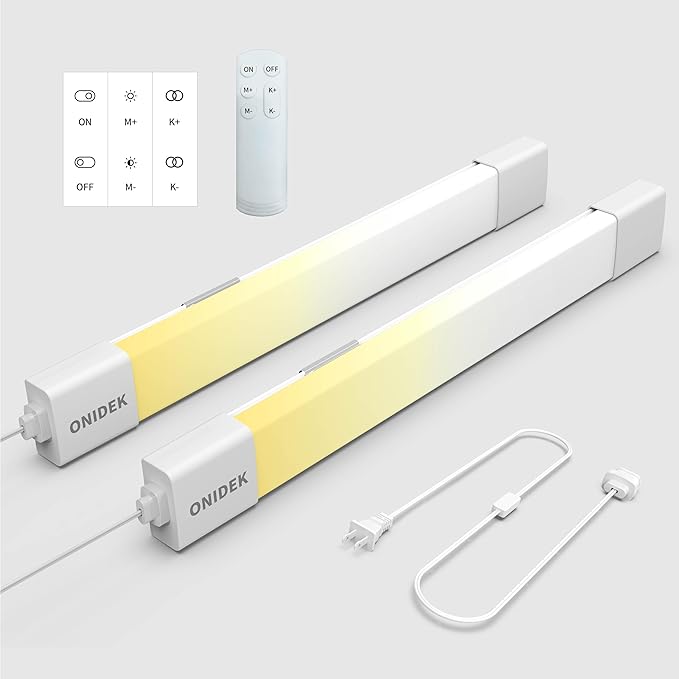 ONIDEK Under Cabinet Lights with Plug. 3000K-6500K Dimming and Color. with Wireless Control Panel and Remote Control.18W 1800LM for Garage, Kitchen, Bathroom, Closet, Office (24 inch-2pcs)