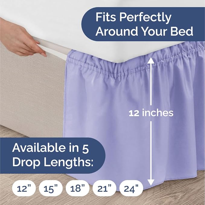 Wrap Around Dust Ruffle Bed Skirt - Lavender - Twin/Twin XL Size Beds with 12 Inch Drop - Easy Fit Elastic Strap - Adjustable Pleated Bedskirt w/Brushed Fabric Wrinkle Free - Women, Men, Kids & Teens