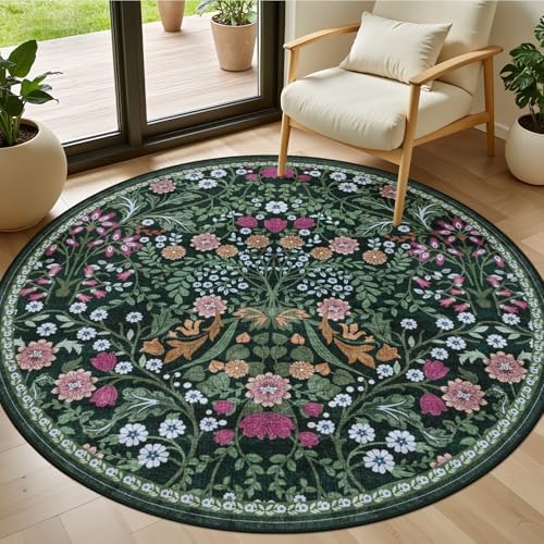 PLHXFR Round Area Rug Living Room: 4 ft Floral Washable Carpet Dark Green by PLHXFRSoftAreaRugs