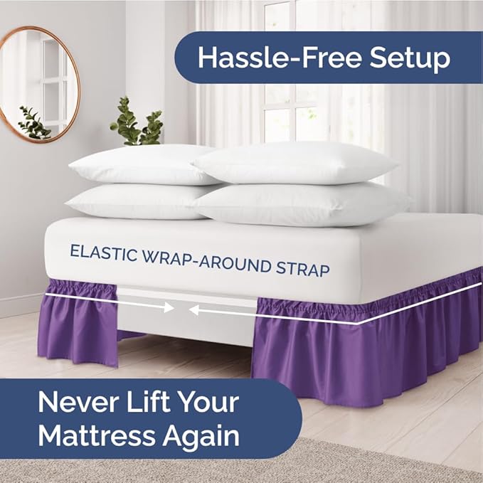 Wrap Around Dust Ruffle Bed Skirt - Purple - for Queen Size Beds with 21 Inch Drop - Easy Fit Elastic Strap - Adjustable Pleated Bedskirt w/Brushed Fabric Wrinkle Free - for Women, Men, Kids & Teens
