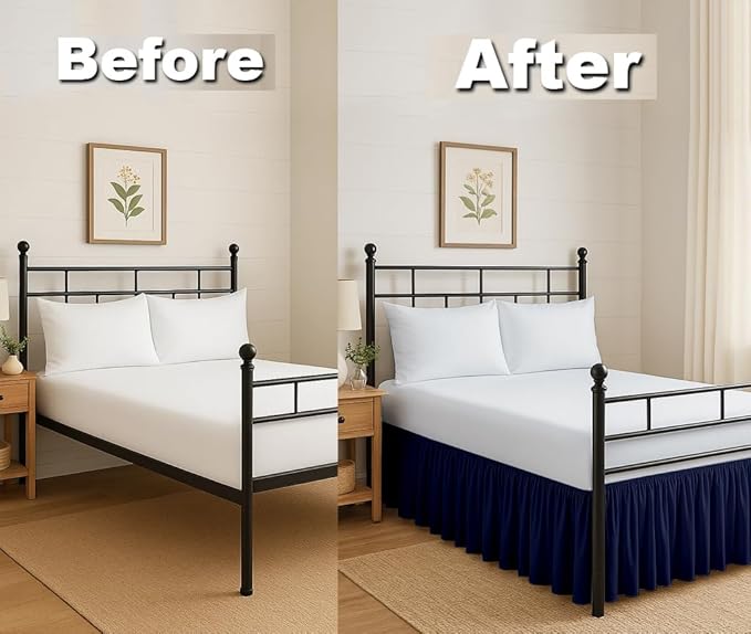 Ruffled Bed Skirt Split Corners with Platform, Tailored Fit Hotel Quality Wrinkle Free Ultra-Soft Microfiber Dust Ruffle, Upto 24 Inch Drop, Full XL, Navy Blue