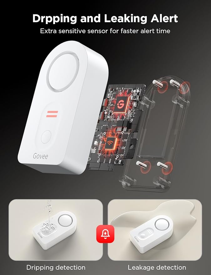 Govee WiFi Water Sensor 1 Pack, Smart Water Leak Detector, 100dB Adjustable Alarm Suit for Home and Basement, Water Leak Alert with Email & APP Push (Only Support 2.4G Wi-Fi)