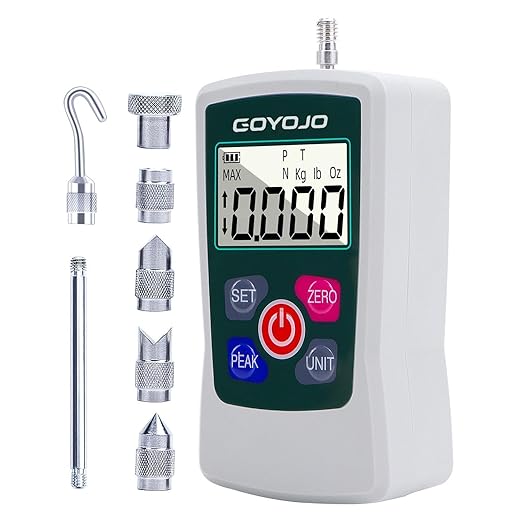 GOYOJO Digital Force Gauge High-Precision Push-Pull Meter for Tension & Compression Testing Units (N, kg, lb, oz) Real-Time/Peak/First Peak Modes Ideal for Quality Control & Material Testing (2N)