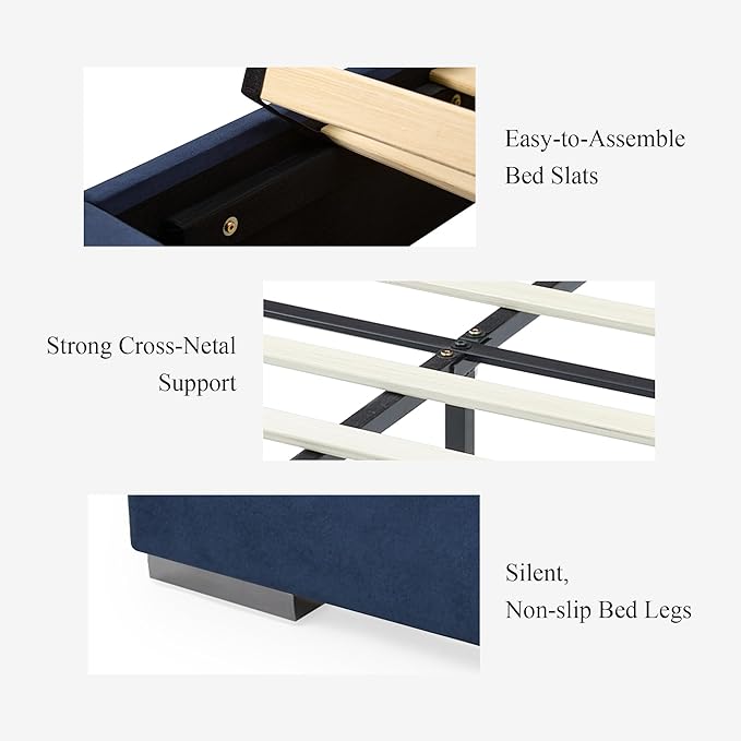DEINPPA Luxury King Bed Frame with Built-in Gold LED Lights and Nightstands, King Size Platform Bed with Oversize Upholstered Headboard, No Box Spring Needed-Royal Blue