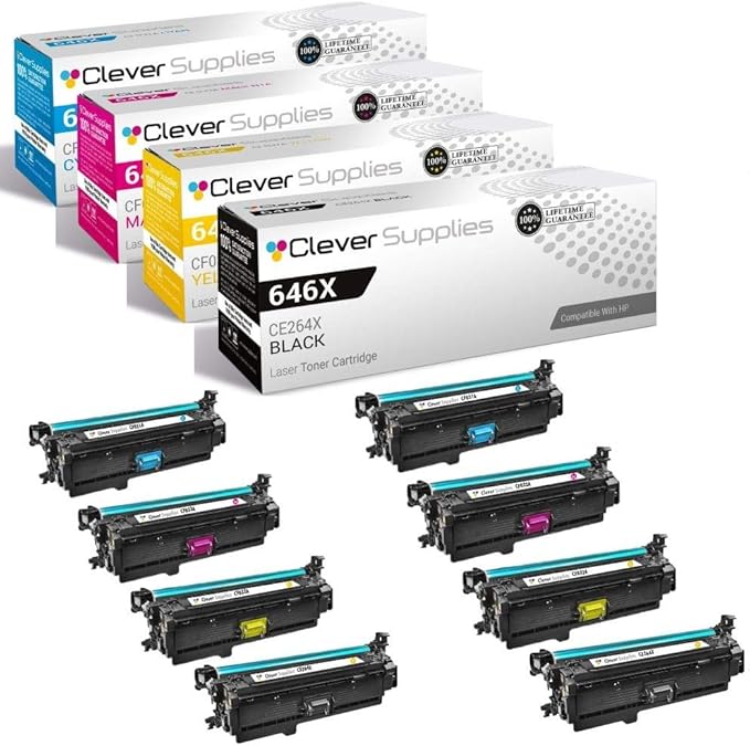 CS Replacement Toner Cartridge Compatible with HP CM4540fskm CE264X Black CF031A Cyan CF032A Yellow CF033A Magenta 646A & 646X Color CM4540f MFP Color CM4540fskm 8 Color Set