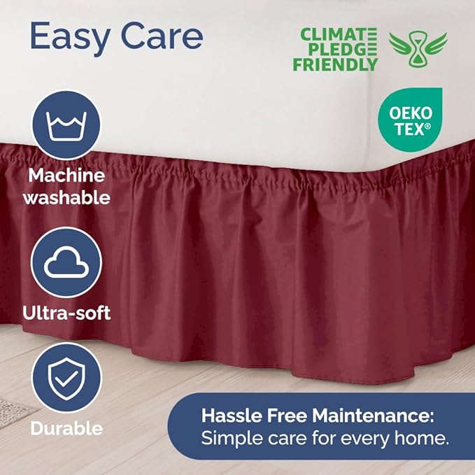 Wrap Around Dust Ruffle Bed Skirt - Burgundy - for Queen Size Beds with 24 Inch Drop - Elastic Strap - Adjustable Pleated Bedskirt with Brushed Fabric and Wrinkle Free - for Women, Men, Kids & Teens