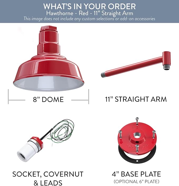 Steel Lighting Co. Hawthorne Barn Light | Outdoor Wall Mounted | 8 inch Dome | 11 inch Straight Arm| Small Farmhouse Light Made in America | Red Exterior/White Interior