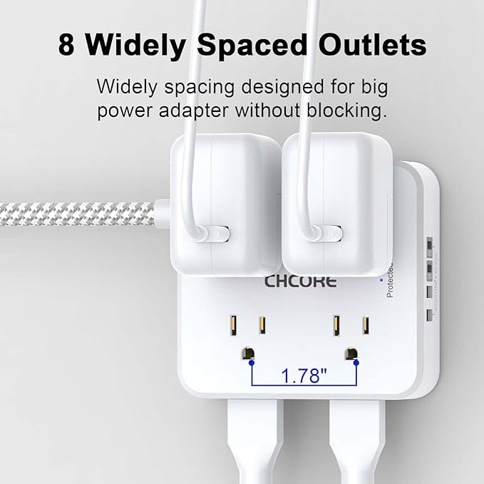 Surge Protector Power Strip - CHCORE 6Ft Braided Extension Cord with 8 Outlets with 4 USB (2 USB C) Charging Ports, Flat Plug Multi Plug Outlet Extender Charging Station for Home Office, ETL, White