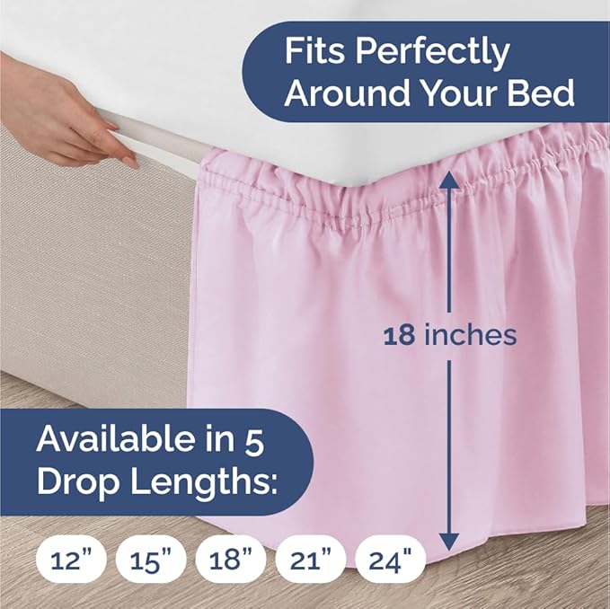 Wrap Around Dust Ruffle Bed Skirt - Light Pink - Twin/Twin XL Size Beds with 18 Inch Drop - Elastic Strap - Adjustable Pleated Bedskirt with Brushed Fabric and Wrinkle Free - Women, Men, Kids & Teens