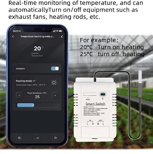 MHCOZY WiFi Temperature Controller Sensor Module, Tuya app Wireless Remote 16A Smart Switch with Energy Consumption Monitoring,Compatible with Alexa Google