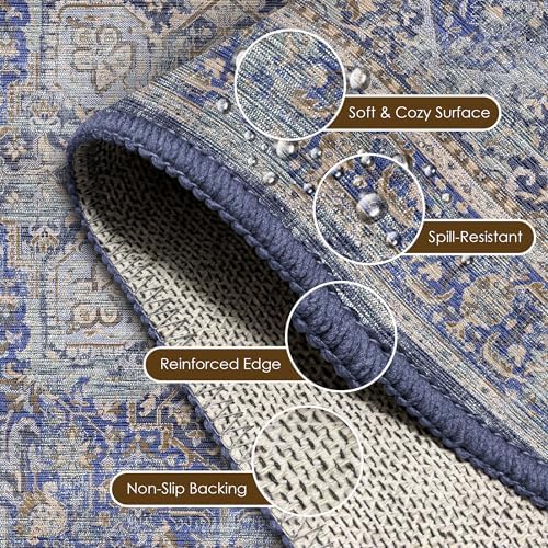 Washable Area Rug 4' x 6' Vintage Traditional Persian Mat - Foldable Distressed Non-Slip Machine Washable Carpet for Living Room Bedroom Kitchen Home Decor - Indigo and Gold - Image 6