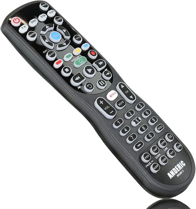 4-in-1, 4-Device IR Universal Remote Control with Macro, Learning, Backlit, Netflix Apps Keys for All TVs, Streaming Players, BluRay Player, Audio, Cable, Roku, Apple TV and More - Anderic RRU401