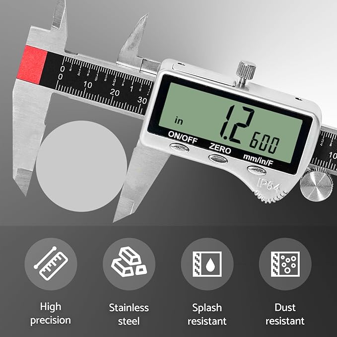Digital Caliper Measuring Tool 6 inch with Extra Large LCD Screen DCXD6-SS-54, Vernier Caliper Digital Micrometer IP54, Measures Inch Metric Fraction by S&F STEAD & FAST