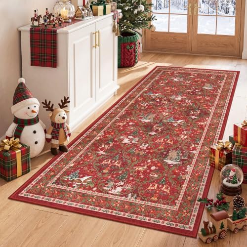 3x6 Christmas Runner Rug for Hallway,Washable Kitchen Rug,Red by Restydon