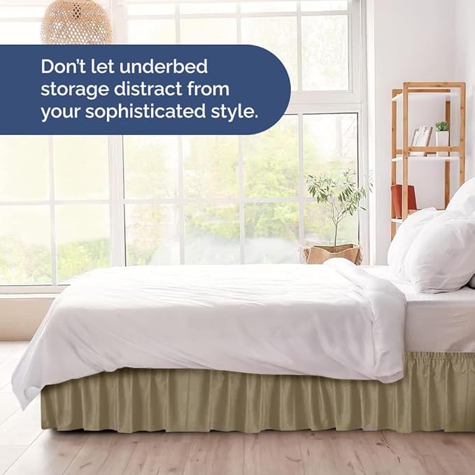 Wrap Around Dust Ruffle Bed Skirt - Khaki - for Queen Size Beds w/ 12 Inch Drop - Easy Fit Elastic Strap - Adjustable Pleated Bedskirt w/Brushed Fabric - Wrinkle Free - for Women, Men, Kids & Teens