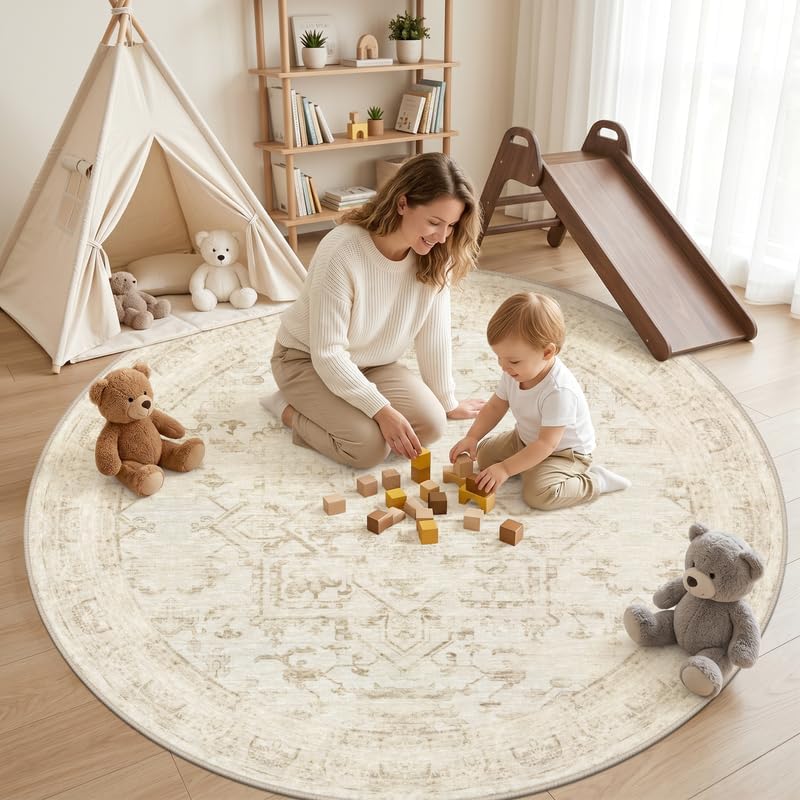 Round Area Rug Living Room: 6ft Washable Carpet Beige/Brown - Image 3