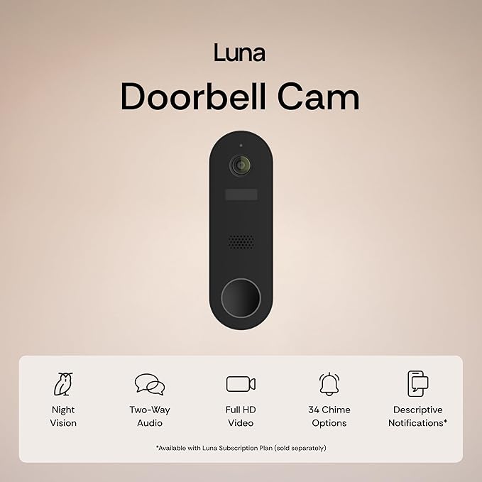 Luna Doorbell Camera Wireless, AI Human/Package Detection, Instant Alerts, Night Vision, 2-Way Audio, Battery/Wired Powered, Cloud Storage, 2.4GHz Wi-Fi Smart Video Doorbell with Chime