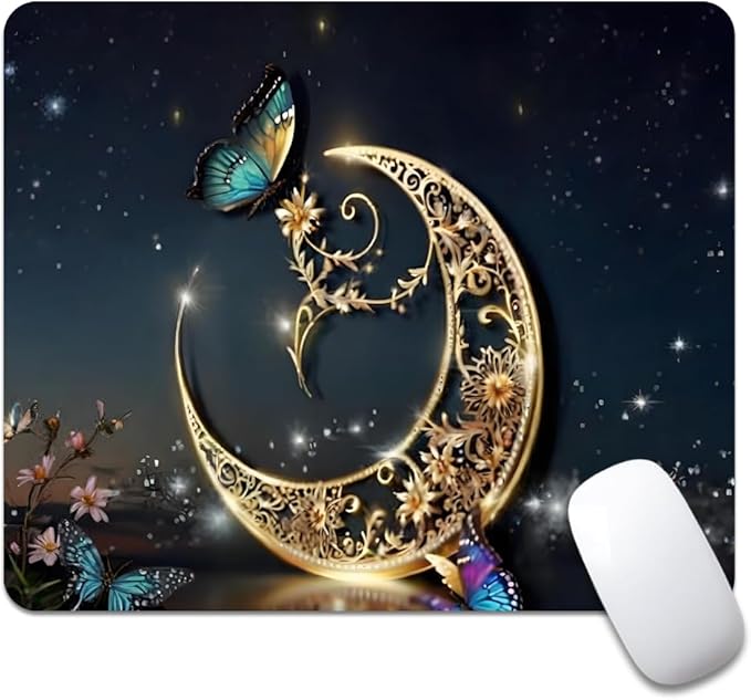 Golden Retro Fantasy Starry Moon Butterfly Square Mouse pad, Texture, Waterproof, Anti Slip Rubber Base, Computer Mouse pad